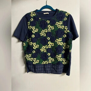 Zara women’s Crochet Windowpane Lace‎ Over Top blue green yellow plaid large fem